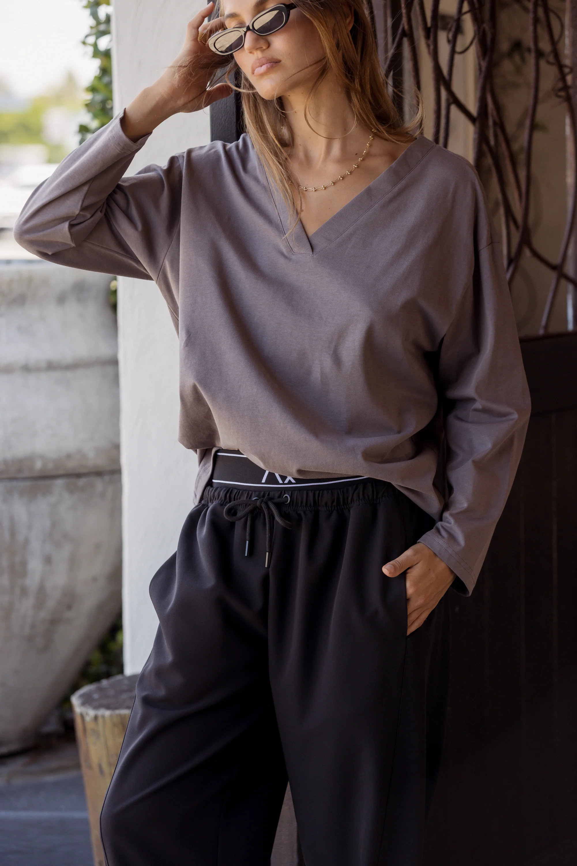 NIX V Long Sleeve Top Taupe Brown - Image 2
