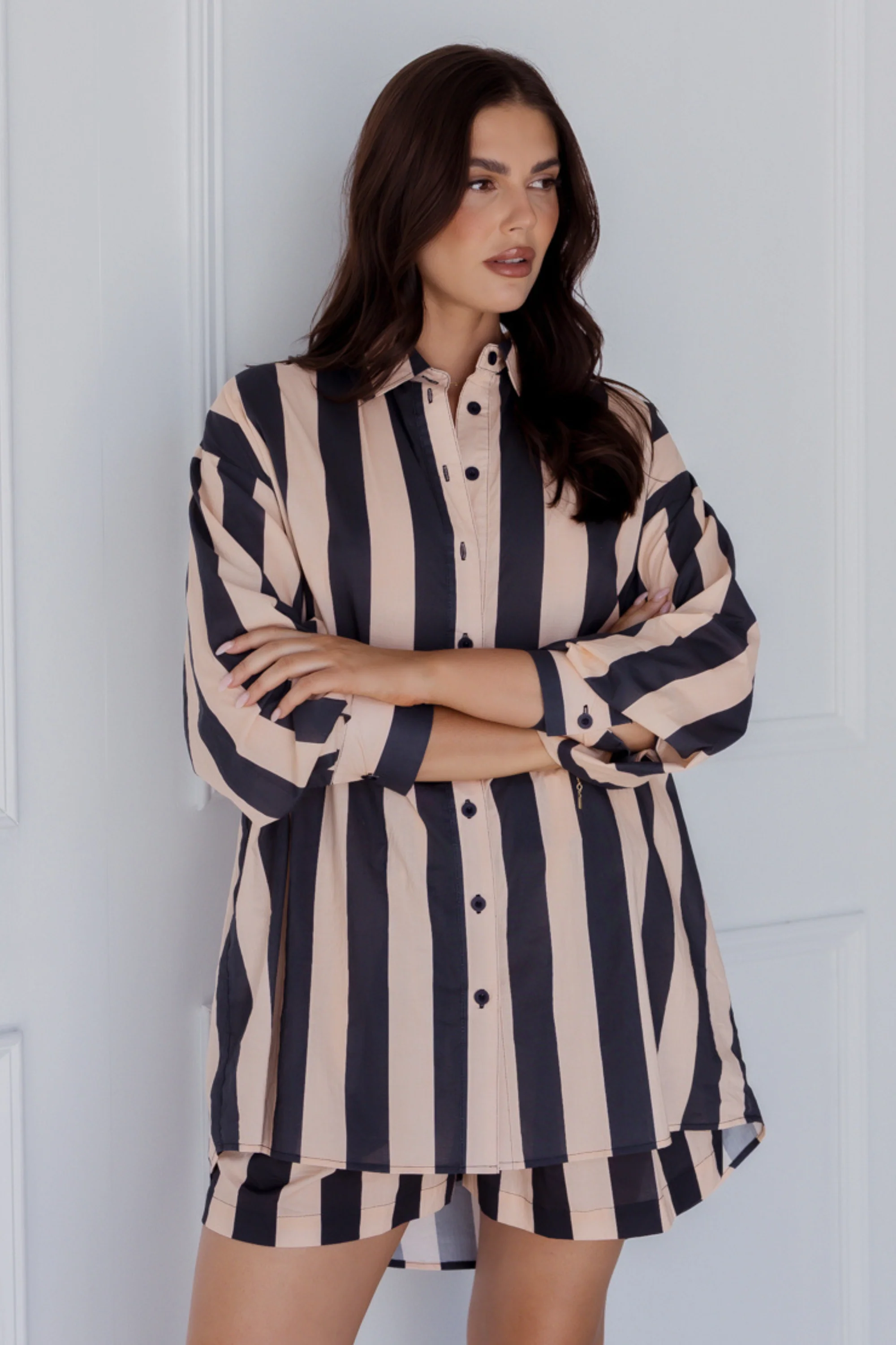 PLUTO Shirt Navy & Peach Stripe