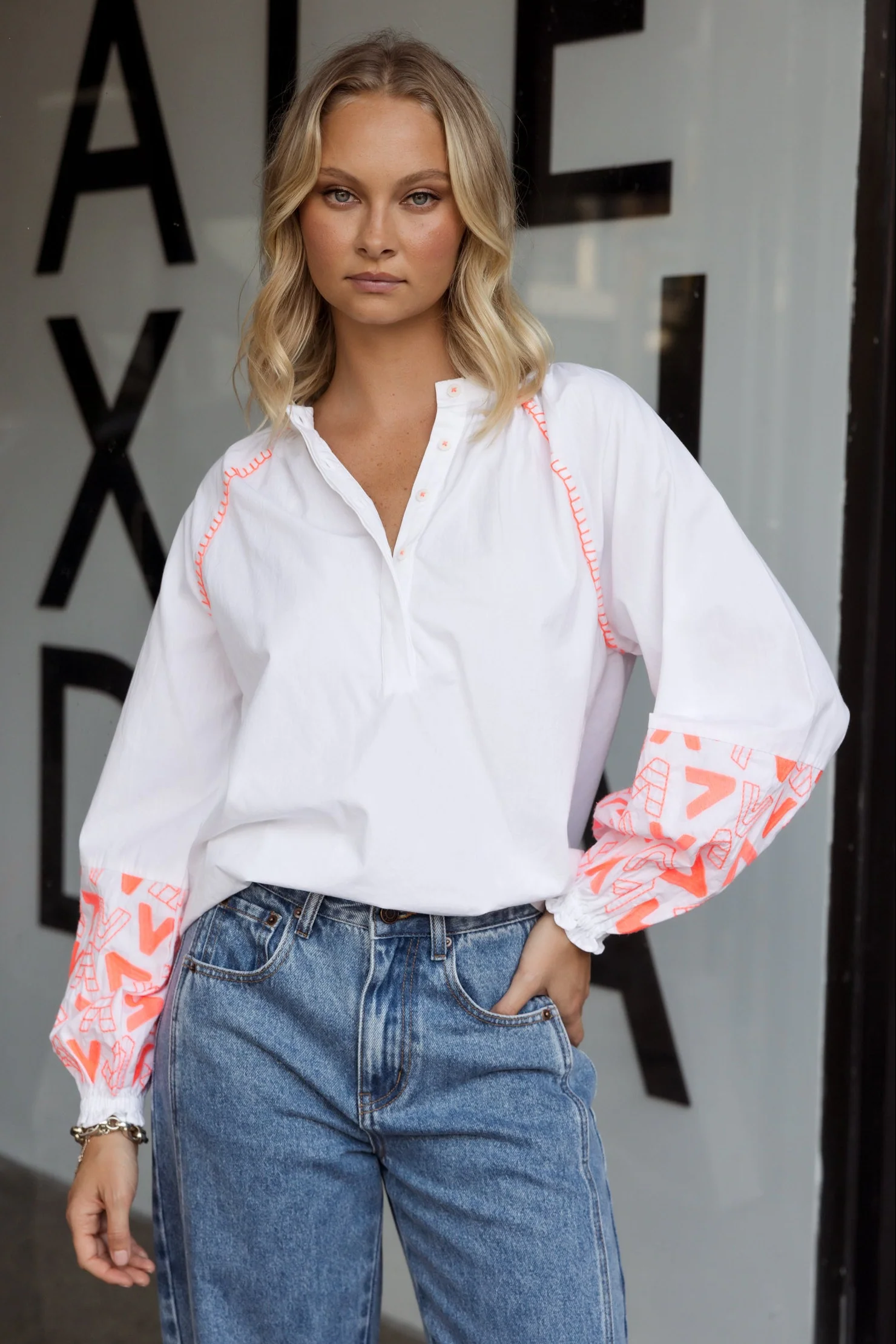 ZOEY Blouse White/Fluro Orange - Image 2